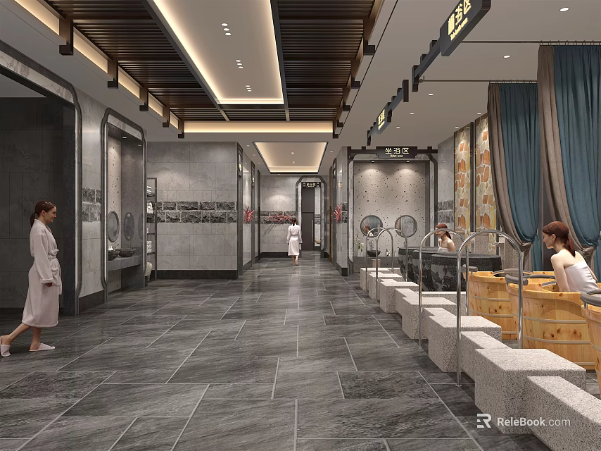 Traditional SPA Sauna Interior With Wooden Tubs Stone Flooring And Relaxing Ambiance 3d model 
