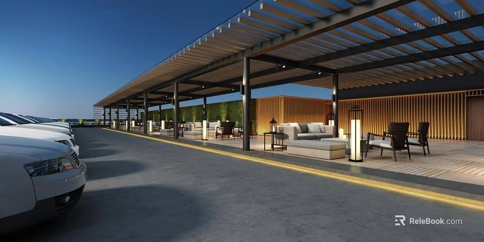 Outdoor Leisure Area With Wooden Pergola Sofa Seating And Modern Design Elements 3d model 