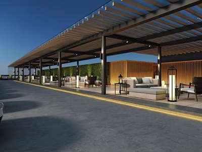 Outdoor Leisure Area With Wooden Pergola Sofa Seating And Modern Design Elements 3d model