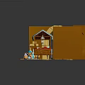 Cartoon Scene of Arched Entrance with Striped Awning Cart and Pastry Items by Brick Walls
