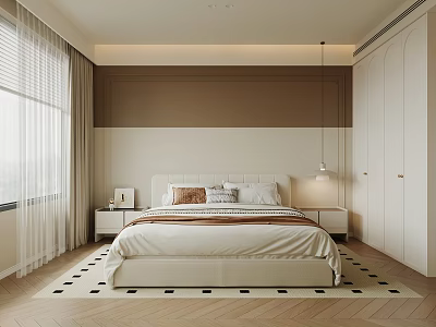 Double Bed in Modern Bedroom with White Headboard Nightstands Table Lamps and Geometric Rug 3d model