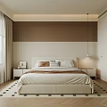 Double Bed in Modern Bedroom with White Headboard Nightstands Table Lamps and Geometric Rug