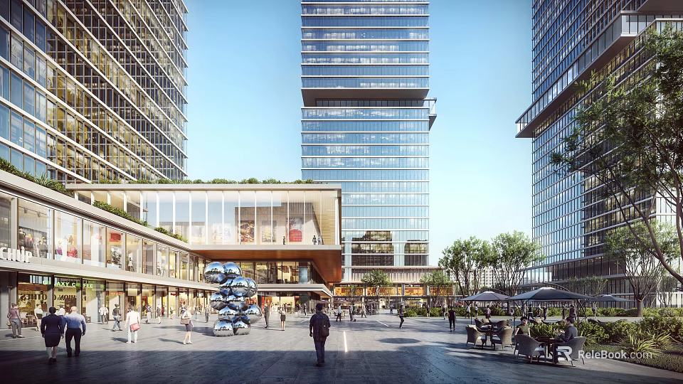 Modern Urban Commercial Plaza With High Rise Buildings Open Space And Pedestrian Areas 3d model 