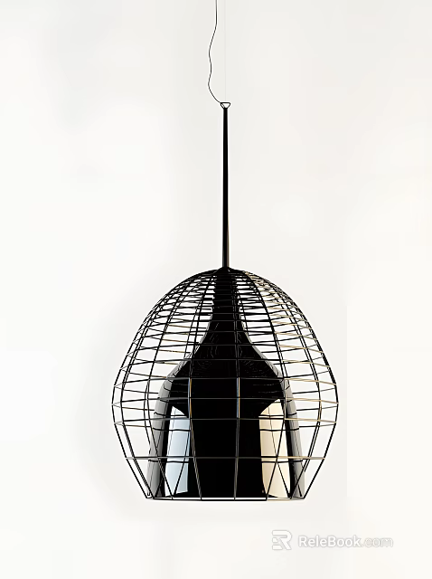 Modern Black Pendant Light With Metal Wire Frame And Reflective Interior 3d model