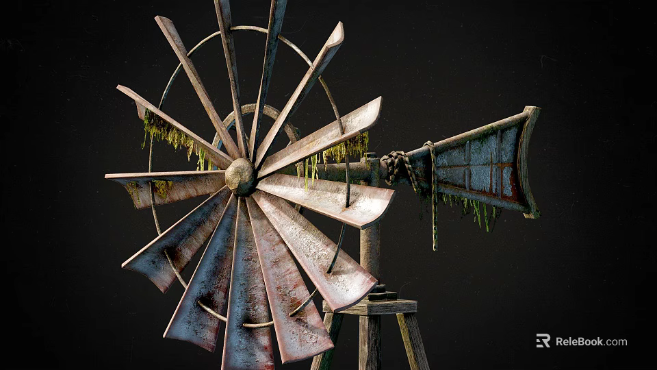 Rusted Windmill Equipment With Metal Blades Moss Growth And Wooden Stand 3d model 