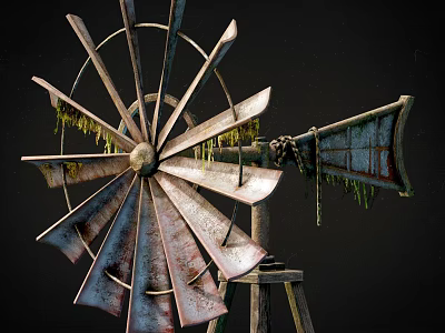 Rusted Windmill Equipment With Metal Blades Moss Growth And Wooden Stand 3d model