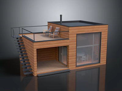 Modern Wooden Building With Black Roof Balcony Staircase Chairs And Large Glass Windows 3d model