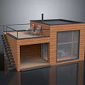 Modern Wooden Building With Black Roof Balcony Staircase Chairs And Large Glass Windows