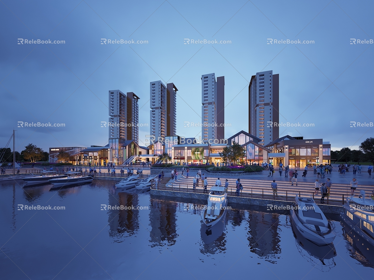 Yanhe Commercial Residential Nightscape Commercial Street Inner Street High-rise Residential Multi-person Sailing Boat Characters Commercial Sick City Yanhe Park Park Landscape 3d model