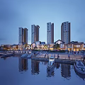 Residential Landscape With High Rise Buildings Waterfront Marina Boats Reflections And Evening Commercial Area