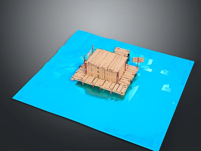 Cartoon Scene Featuring Small Wooden House On Blue Water With Wooden Pier Structure 3d model