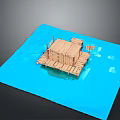 Cartoon Scene Featuring Small Wooden House On Blue Water With Wooden Pier Structure