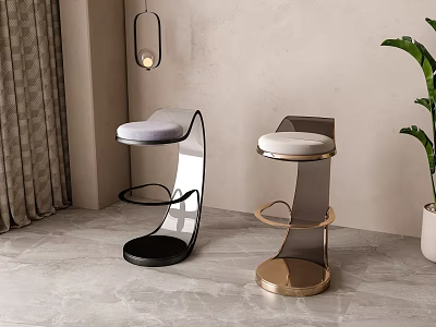 Modern Bar Stools With Black And Gold Metal Frames Upholstered Seats Gray Floor And Plant 3d model