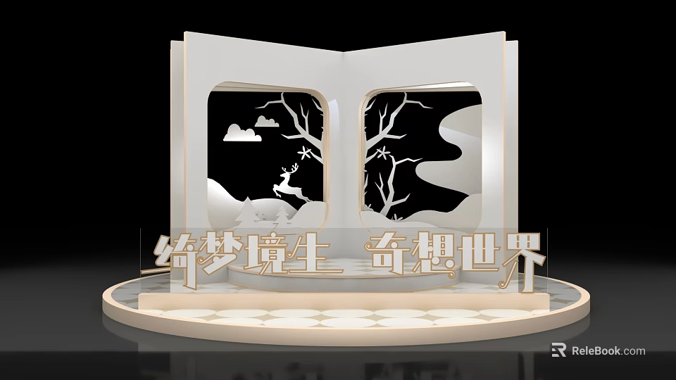 Open Book Shaped Photo Spot With Cut Out Deer Trees Clouds And Fantasy World Design 3d model 