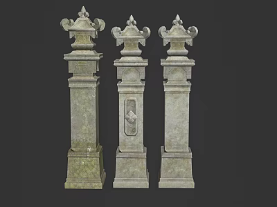 Three Ornate Classical Stone Columns With Carved Tops And Textured Surfaces 3d model