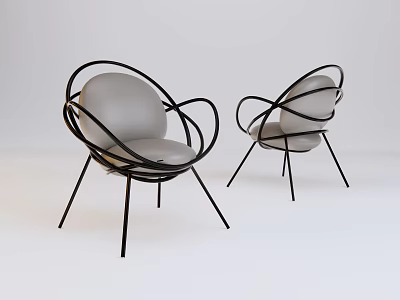 Two Modern Leisure Chairs With Curved Black Metal Frame And Gray Cushion 3d model
