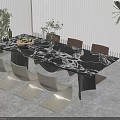 Modern Dining Table Set Featuring Black Marble Top Six Chairs And Green Plants 3d model
