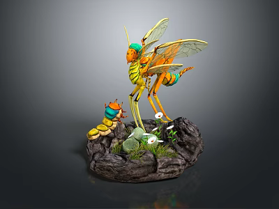 Vibrant Detailed Insect Sculpture With Larva On Stone Base And Small Plants 3d model