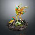 Vibrant Detailed Insect Sculpture With Larva On Stone Base And Small Plants