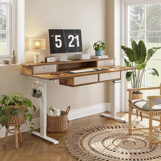 Study Room Interior With Wooden Desk Computer Monitor Digital Clock Table Lamp And Green Plants 3d model 