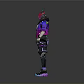 Futuristic Cyberpunk Character With Pink Helmet Green Horns Purple Jacket Black Pants And Blue Accents