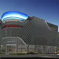 Modern Illuminated Office Building With Glass Curtain Wall Blue Curved Top And Night Scene