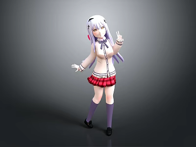 Child with white and purple hair wearing white top red plaid skirt making peace sign 3d model