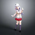 Child with white and purple hair wearing white top red plaid skirt making peace sign
