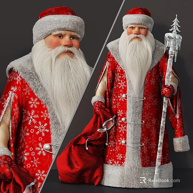 Traditional Santa Claus In Red Snowflake Costume With White Beard And Icicle Staff 3d model 