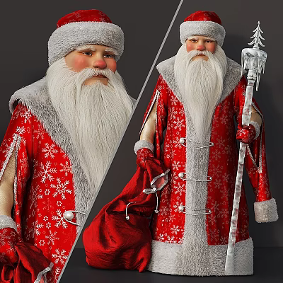 Traditional Santa Claus In Red Snowflake Costume With White Beard And Icicle Staff 3d model