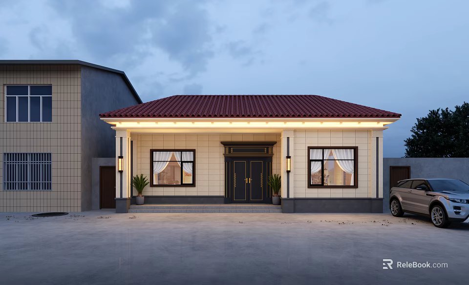 Detached House With Red Roof Yellow Exterior Wall Black Front Door Front Windows And Parked Car 3d model 