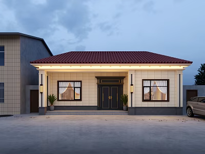 Detached House With Red Roof Yellow Exterior Wall Black Front Door Front Windows And Parked Car 3d model