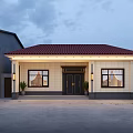 Detached House With Red Roof Yellow Exterior Wall Black Front Door Front Windows And Parked Car