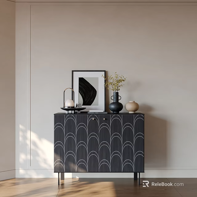 Entryway Side Cabinet with Black Wave Pattern Framed Art Vase Lamp and Small Jar 3d model