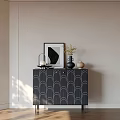 Entryway Side Cabinet with Black Wave Pattern Framed Art Vase Lamp and Small Jar 3d model