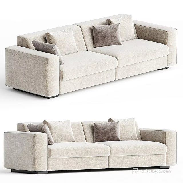 Modern Beige Linen Fabric Double Sofa With Decorative Pillows For Living Room Interior 3d model 