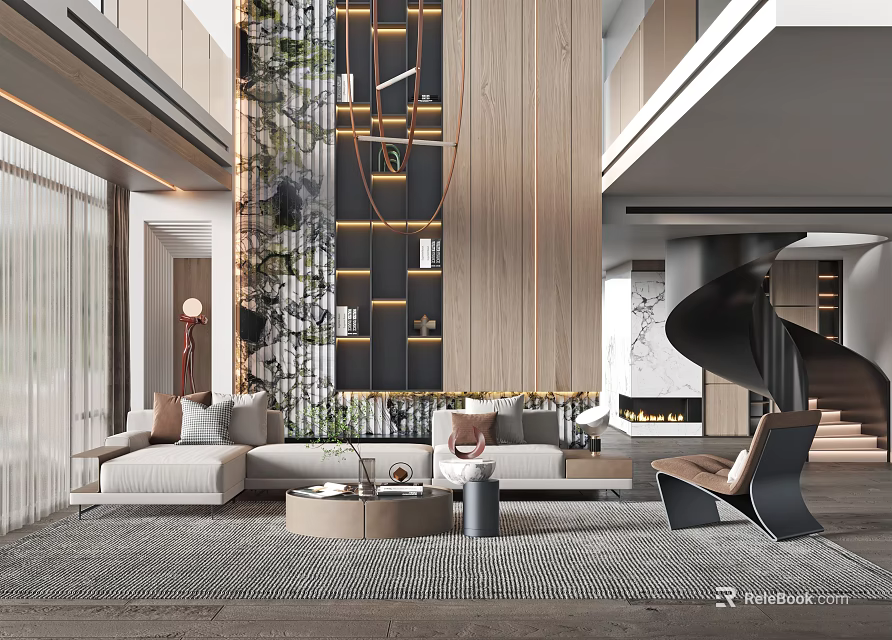 Elegant Modern Duplex Living Room Interior With Comfortable Sofa Area Rug And Spiral Staircase 3d model 