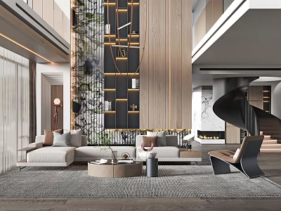 Elegant Modern Duplex Living Room Interior With Comfortable Sofa Area Rug And Spiral Staircase 3d model