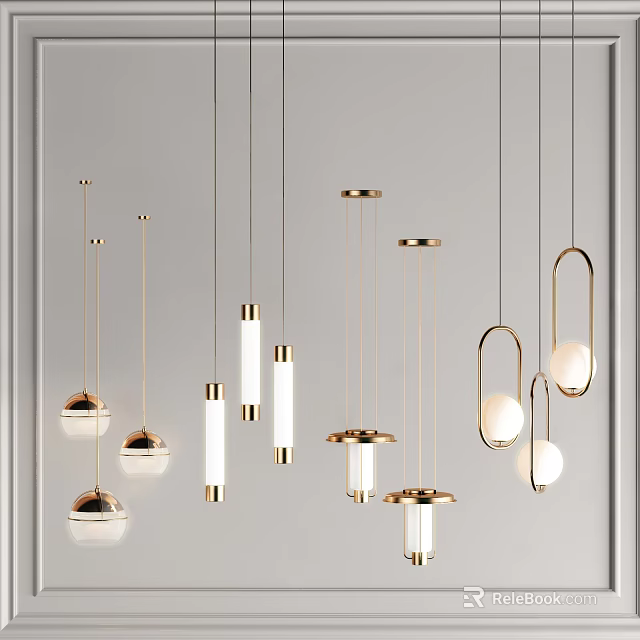 Modern Gold Pendant Lights Featuring Glass Balls Cylindrical Tubes And Ring Shapes 3d model 