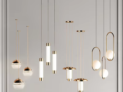 Modern Gold Pendant Lights Featuring Glass Balls Cylindrical Tubes And Ring Shapes 3d model