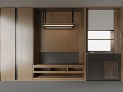 Minimalist Wooden Interior Featuring Recessed Bench Hanging Lighting Window And Storage Cabinets 3d model