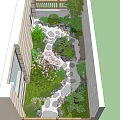 Rooftop Garden Design With Pink Flowering Tree Stone Path Green Plants Rocks And Pebbles