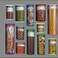 Transparent Food Storage Containers with Various Foods Like Beans Pasta Nuts and Cookies