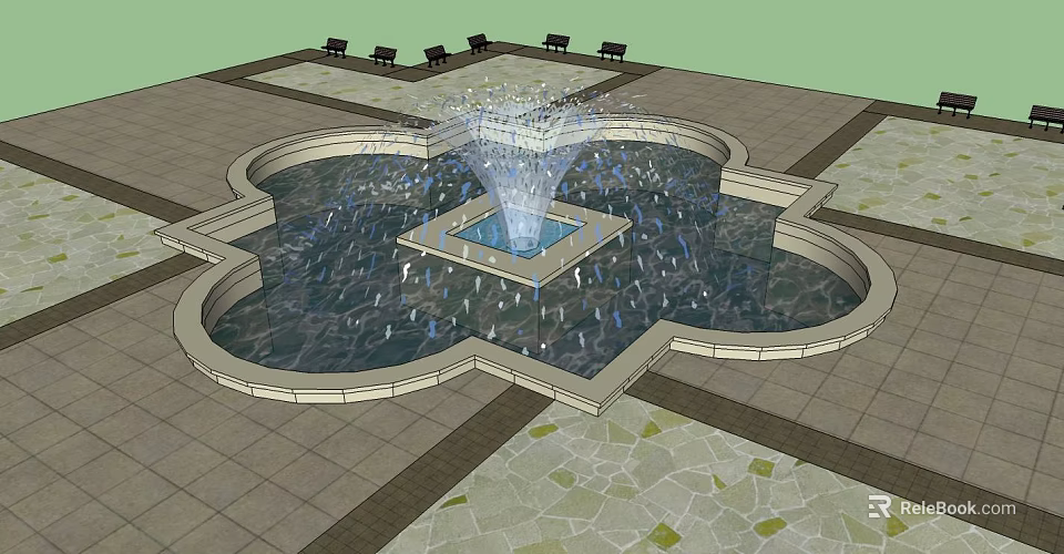 Clover Shaped Fountain With Square Center Water Spraying In Paved Area With Black Chairs 3d model 