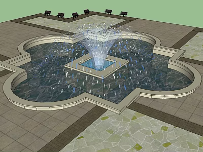 Clover Shaped Fountain With Square Center Water Spraying In Paved Area With Black Chairs 3d model