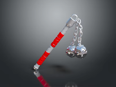 Traditional Martial Arts Weapon With Red White Pole And Silver Chain Metal Balls 3d model