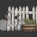 Miniature Garden Display Featuring White Picket Fence Pink Bicycle Wooden Barrel Plants And Watering Can