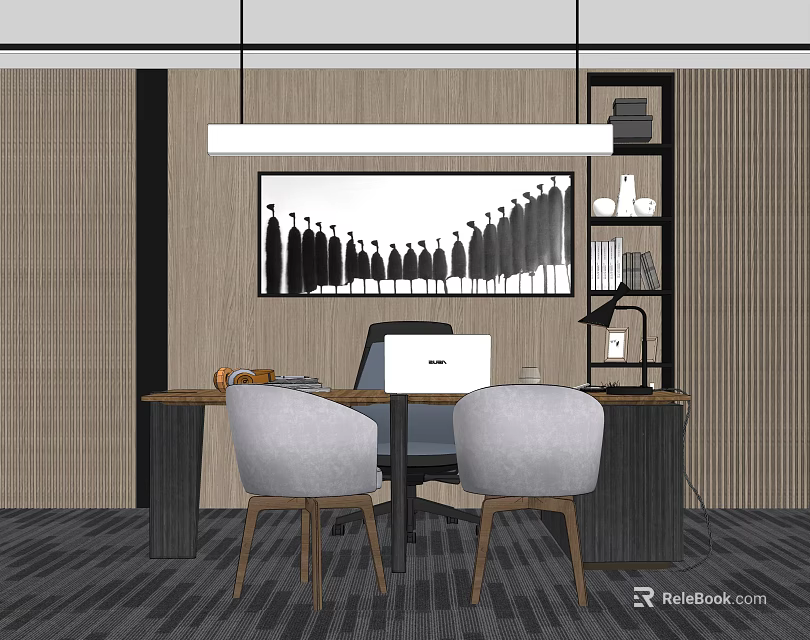 Office Desk With Laptop Two Gray Chairs Black White Painting Bookshelf And Hanging Lamp 3d model 