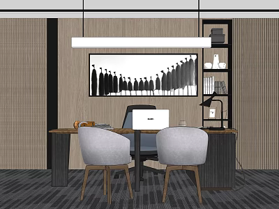 Office Desk With Laptop Two Gray Chairs Black White Painting Bookshelf And Hanging Lamp 3d model