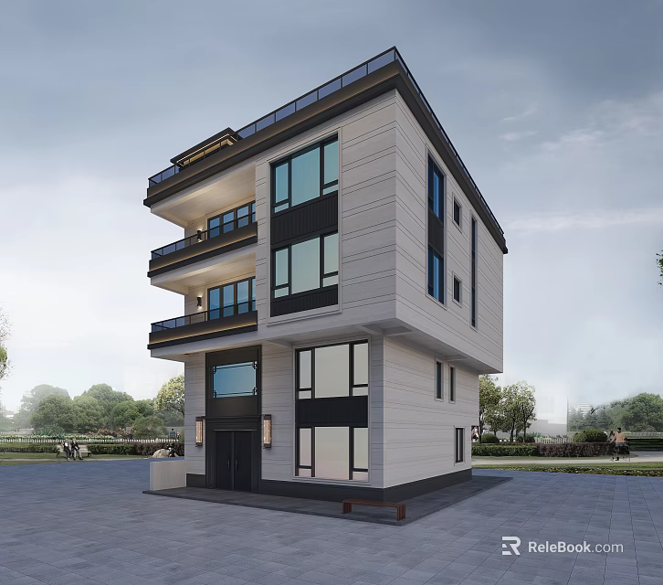Modern Detached Villa Exterior Design With Multi Story Large Windows And Balconies 3d model 